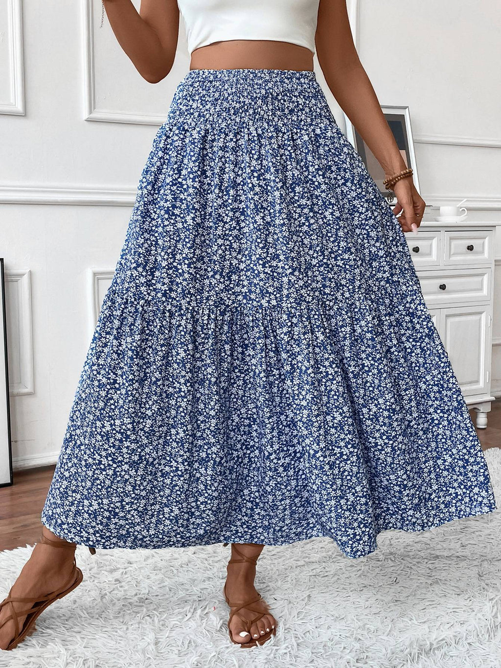 Smocked Waist Tiered Boho Maxi Skirt - Blue_F - 2