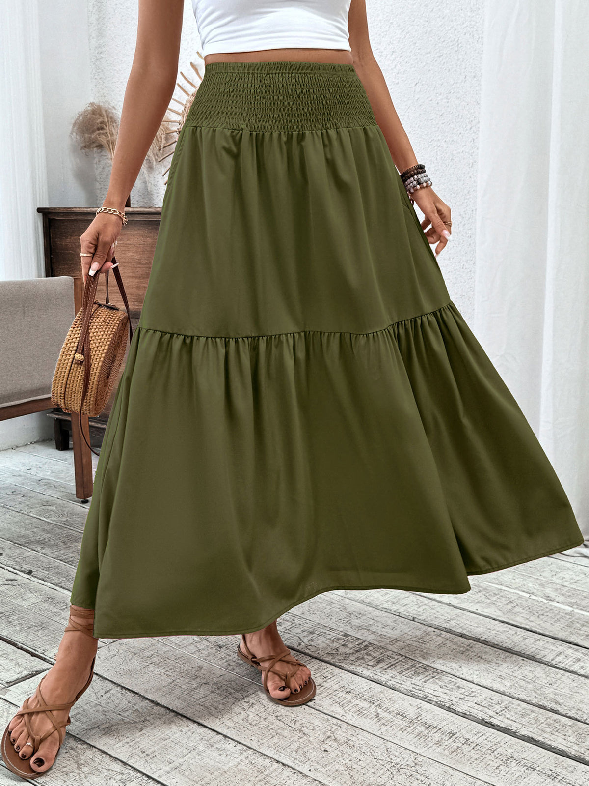 Smocked Waist Tiered Boho Maxi Skirt - Green