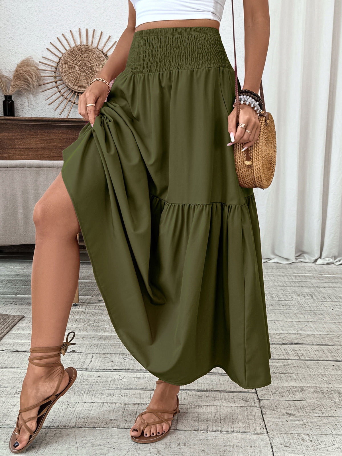 Smocked Waist Tiered Boho Maxi Skirt - Green - 1