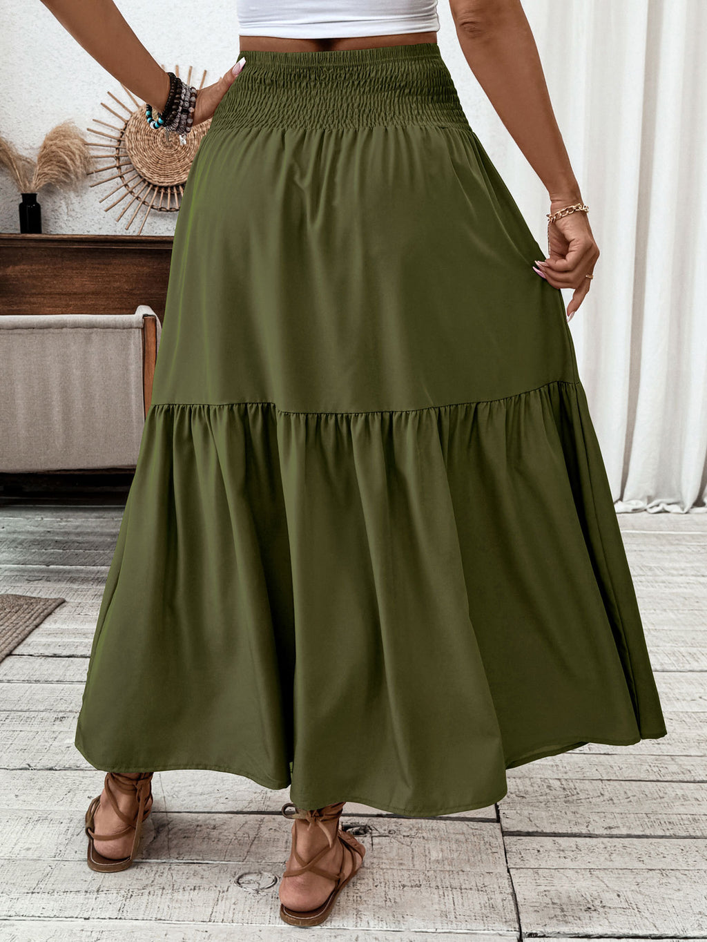 Smocked Waist Tiered Boho Maxi Skirt - Green - 2
