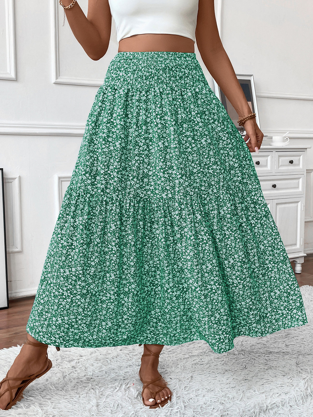 Smocked Waist Tiered Boho Maxi Skirt - Green_F