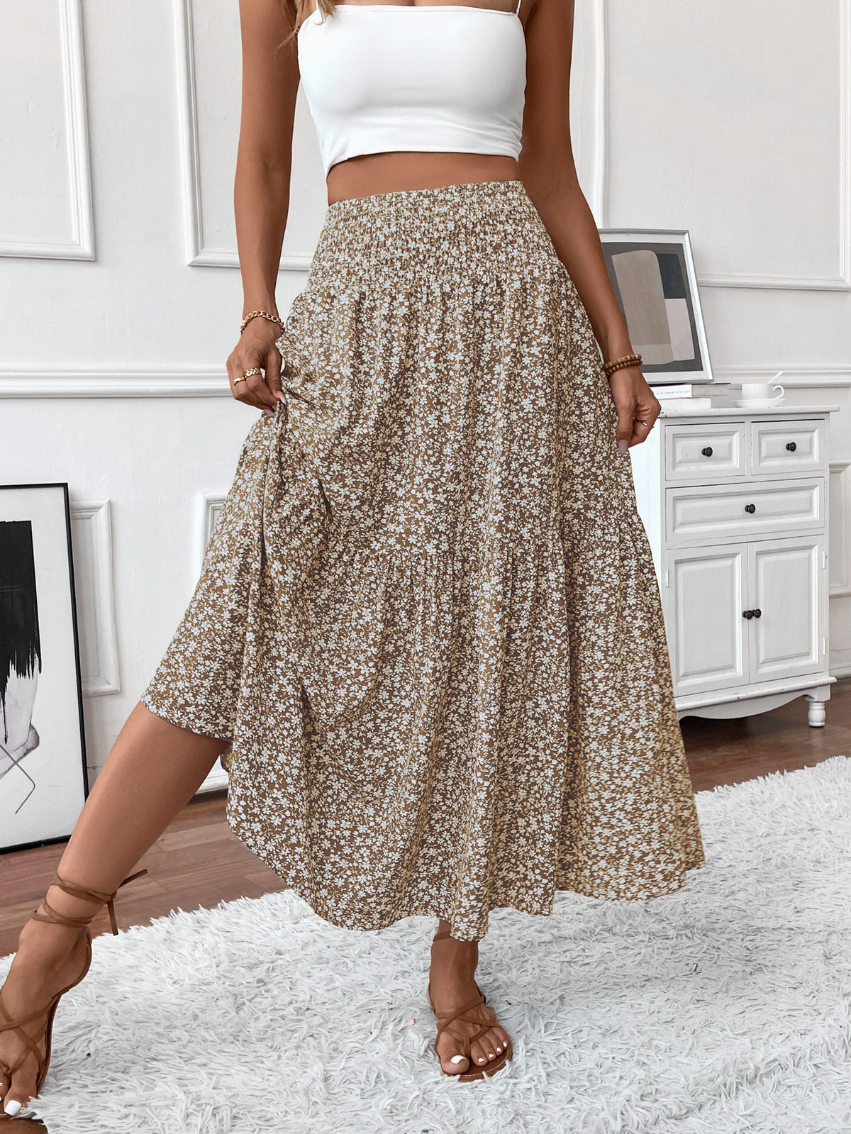 Smocked Waist Tiered Boho Maxi Skirt - Khaki_F