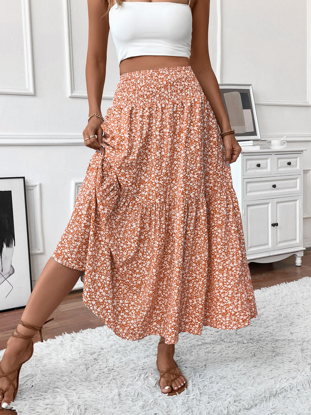 Smocked Waist Tiered Boho Maxi Skirt - Orange_F