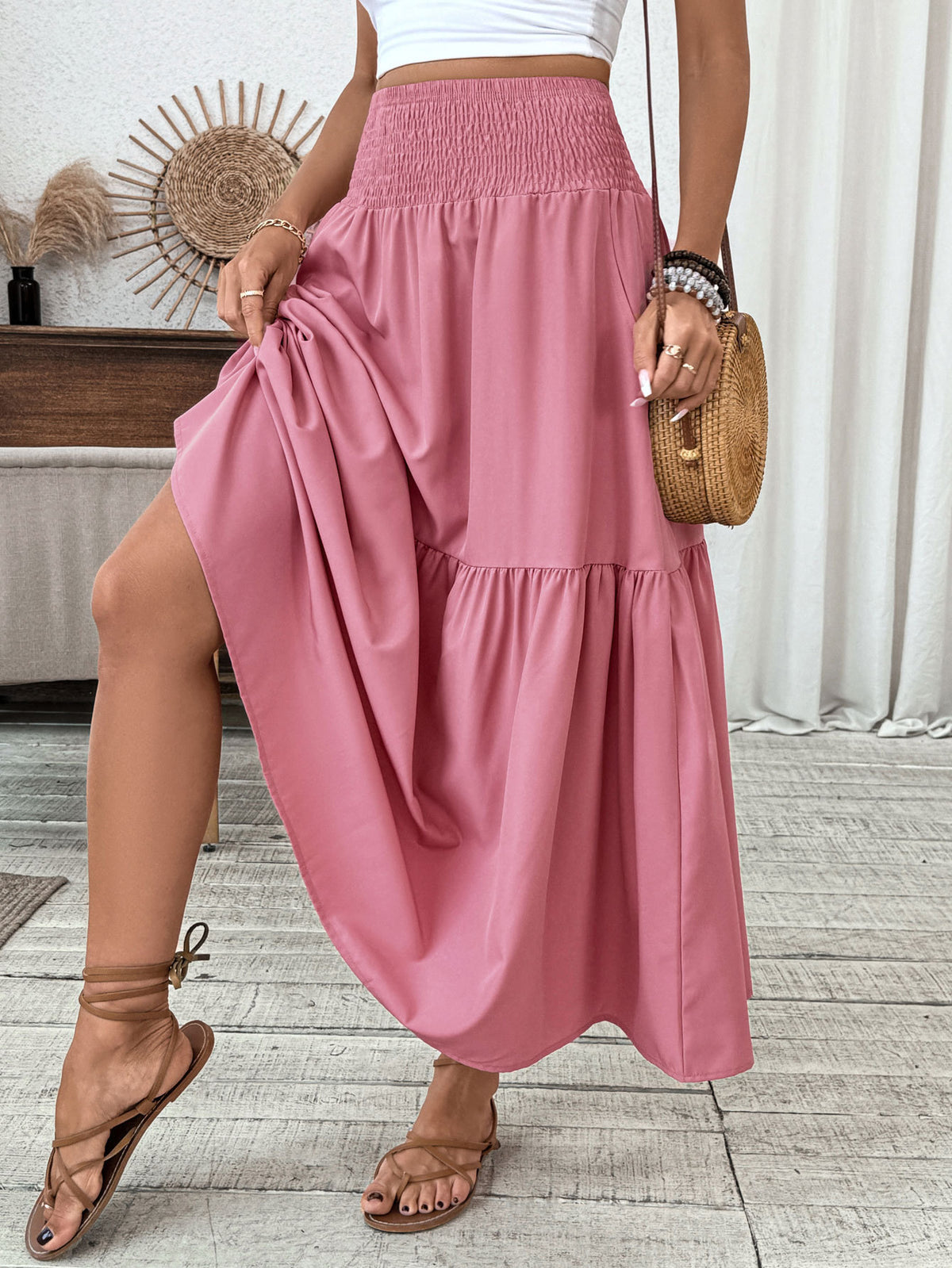 Smocked Waist Tiered Boho Maxi Skirt - Pink - 1