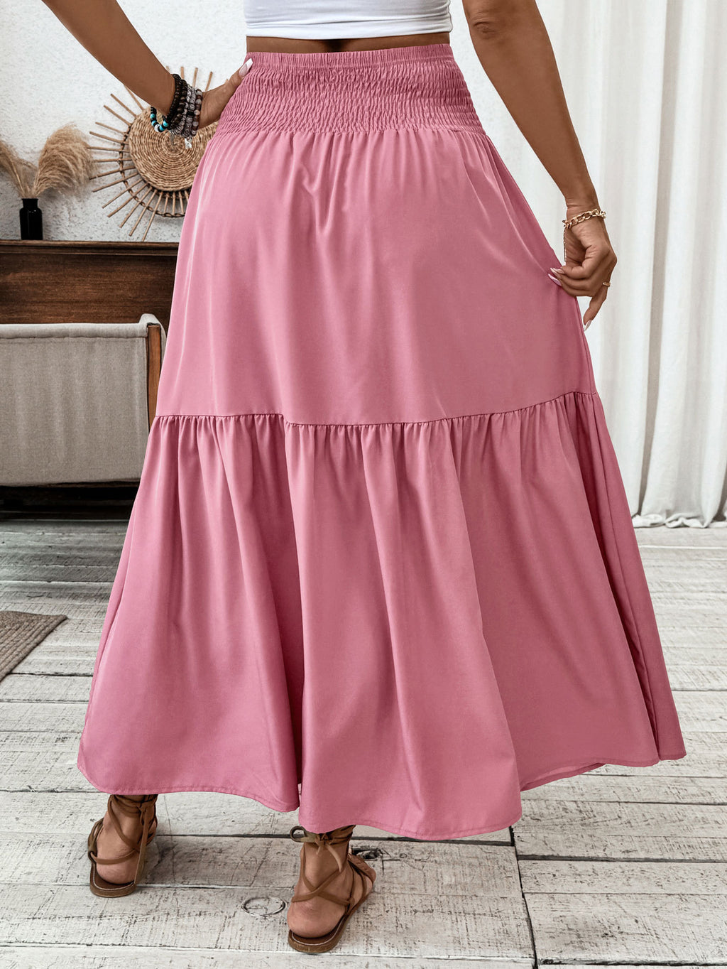 Smocked Waist Tiered Boho Maxi Skirt - Pink - 2