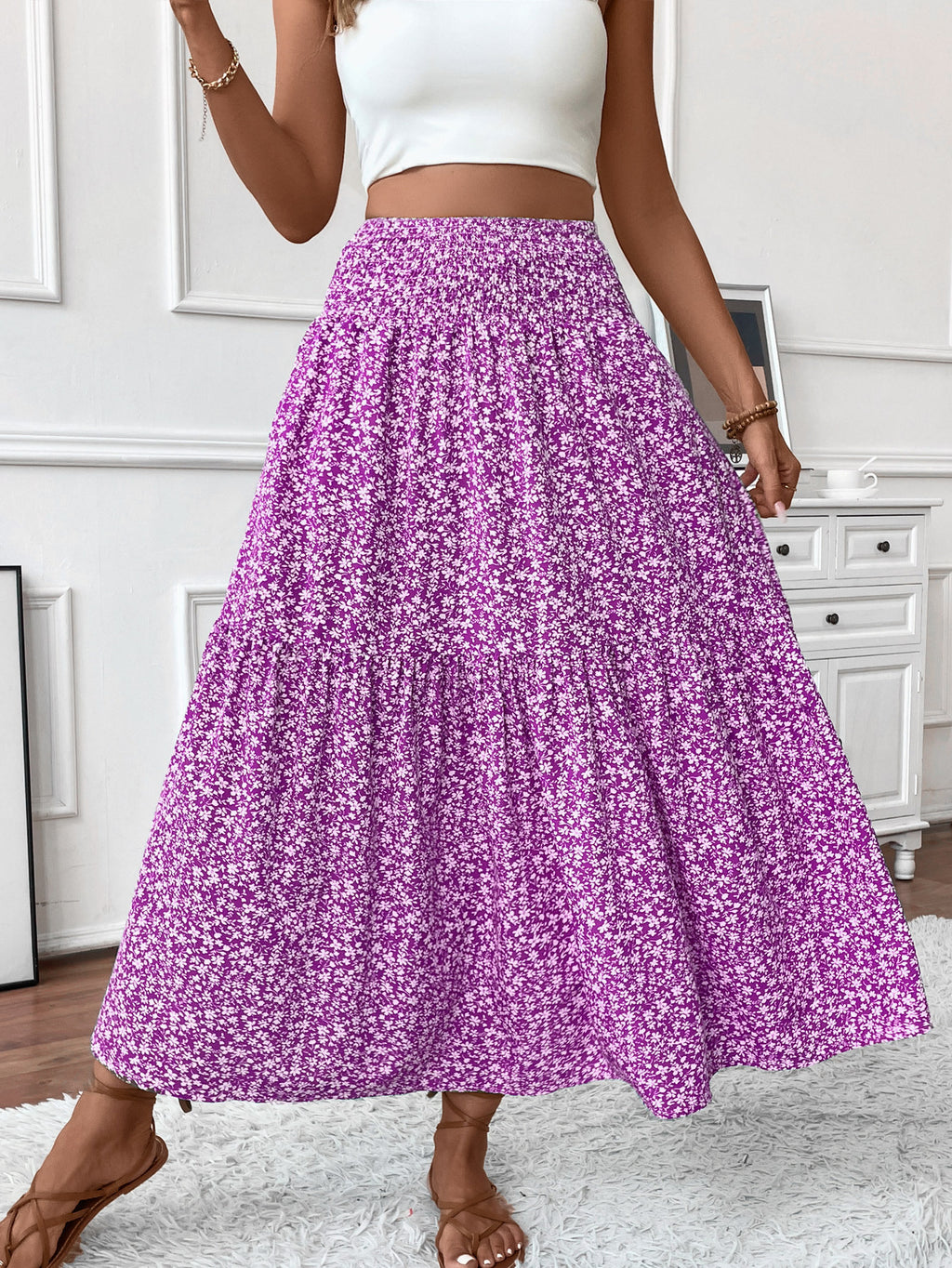 Smocked Waist Tiered Boho Maxi Skirt - Purple_F