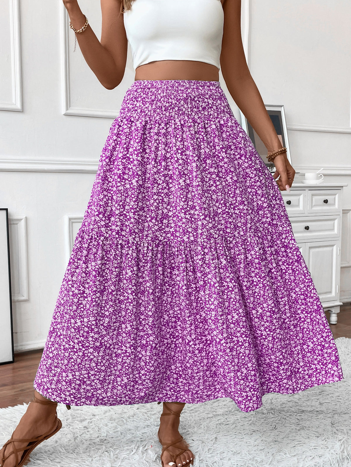 Smocked Waist Tiered Boho Maxi Skirt - Purple_F