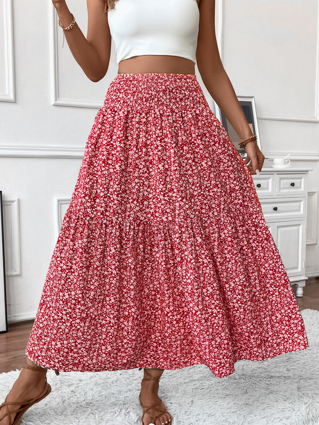 Smocked Waist Tiered Boho Maxi Skirt - Red_F