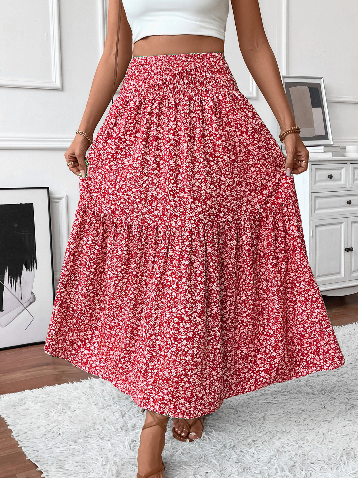 Smocked Waist Tiered Boho Maxi Skirt - Red_F - 1