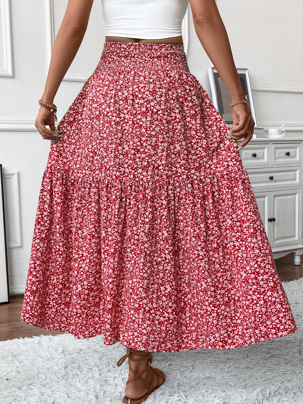 Smocked Waist Tiered Boho Maxi Skirt - Red_F - 2