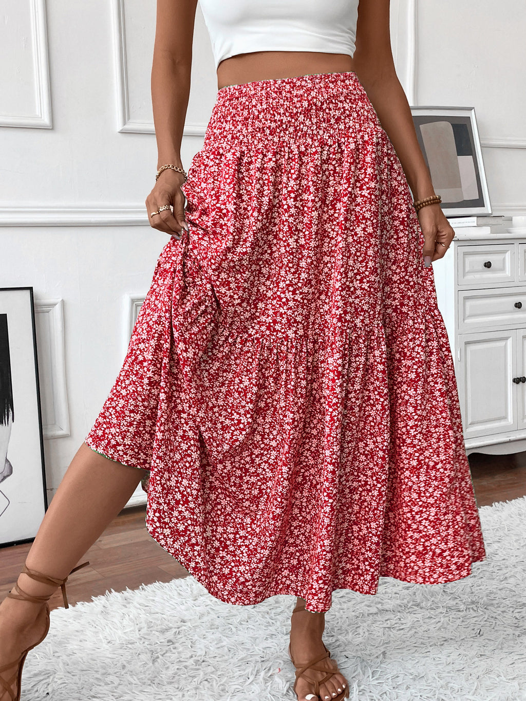Smocked Waist Tiered Boho Maxi Skirt - Red_F - 3
