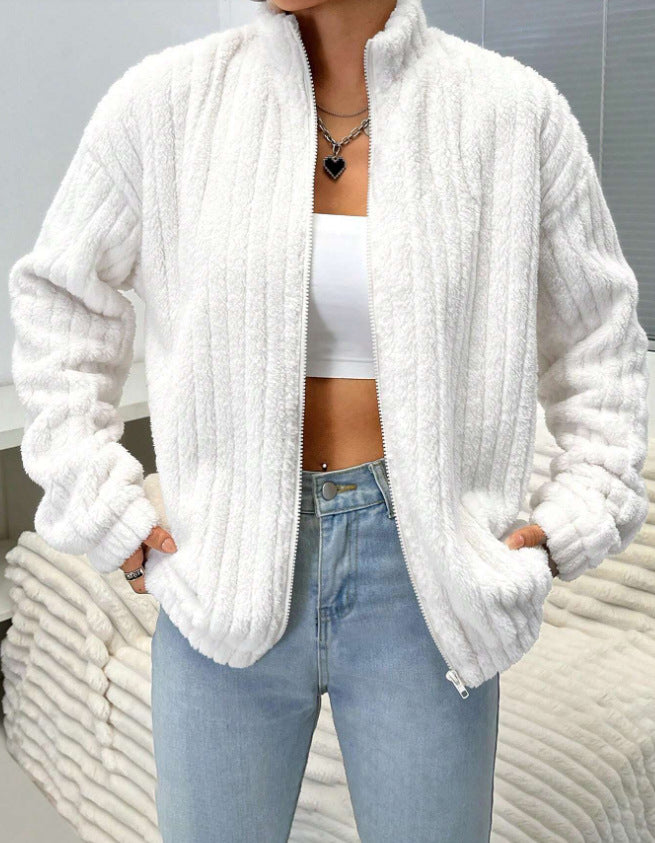 Ribbed Fleece Stand Collar Zip Jacket - White