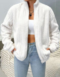 Ribbed Fleece Stand Collar Zip Jacket - White