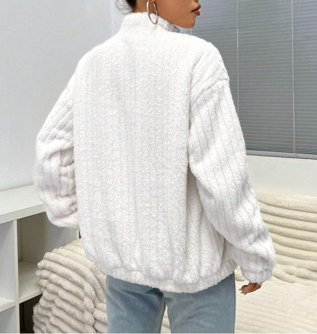 Ribbed Fleece Stand Collar Zip Jacket