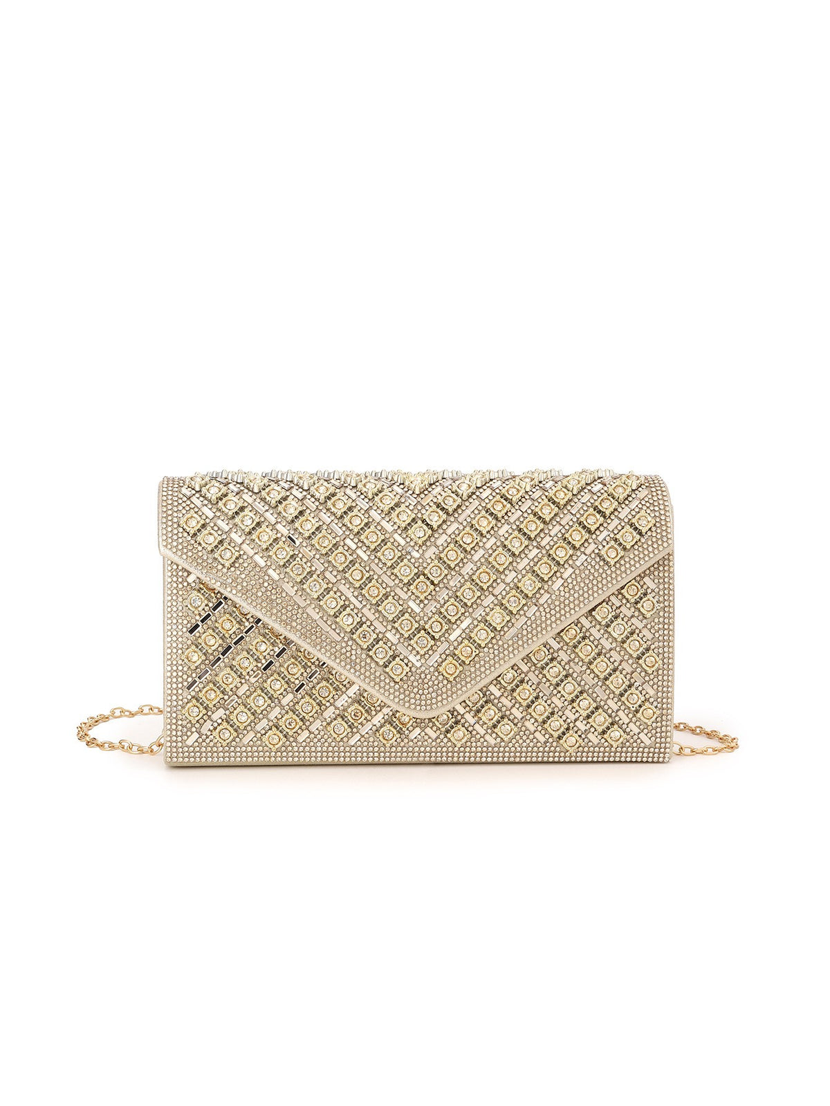Crystal Embellished Envelope Clutch - Gold Crystal