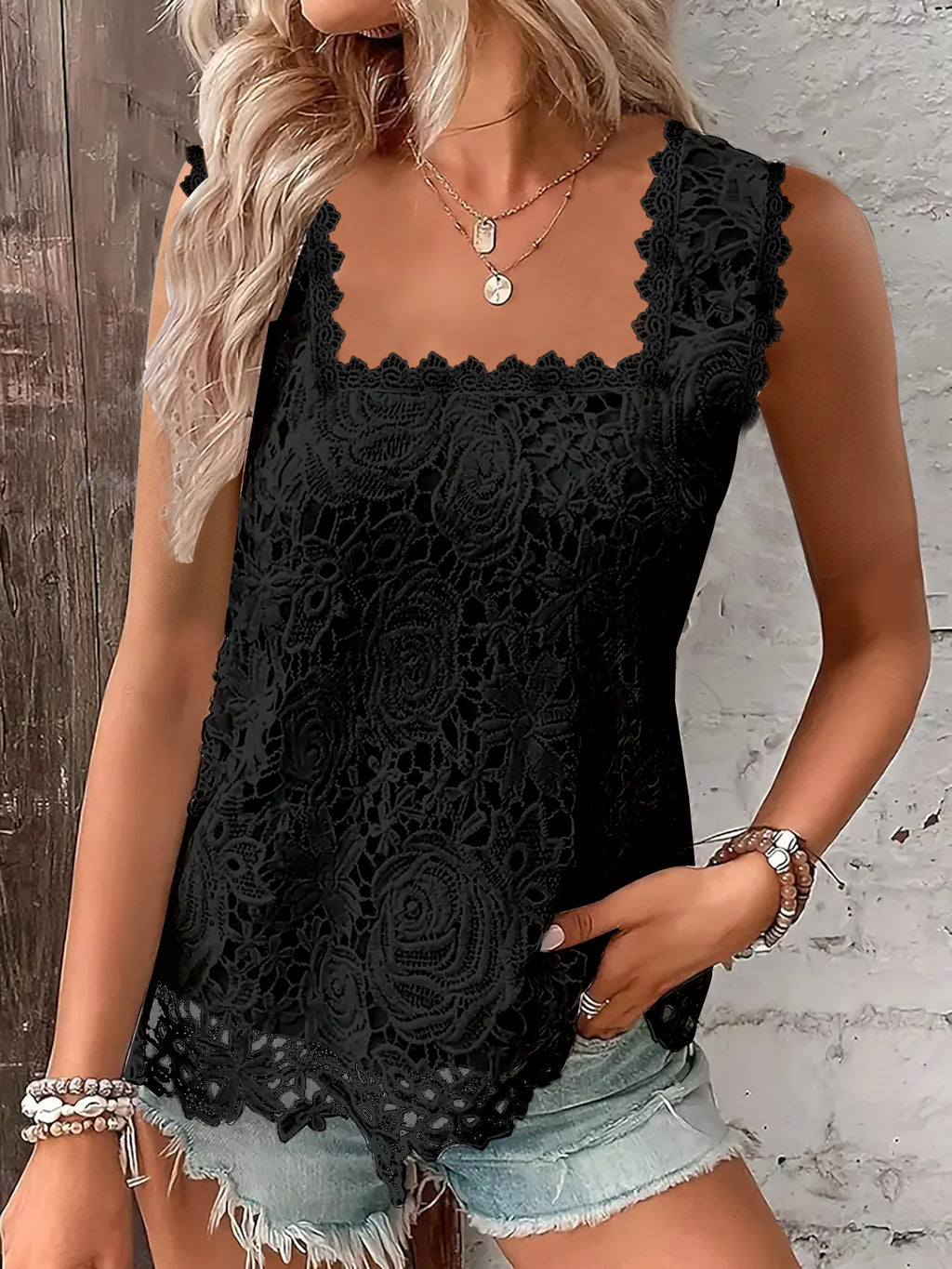 Rose Lace Square Neck Tank Top with Scalloped Hem - black