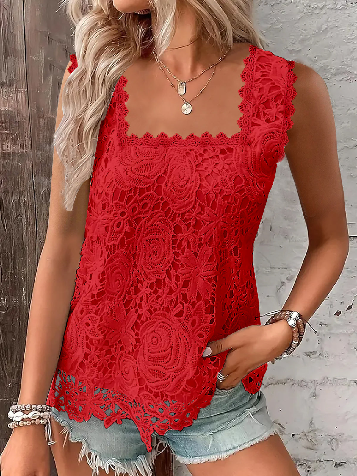Rose Lace Square Neck Tank Top with Scalloped Hem - red