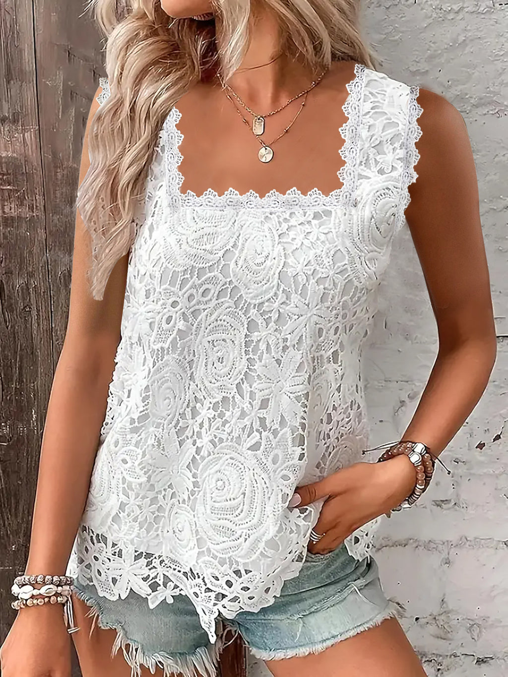 Rose Lace Square Neck Tank Top with Scalloped Hem - white