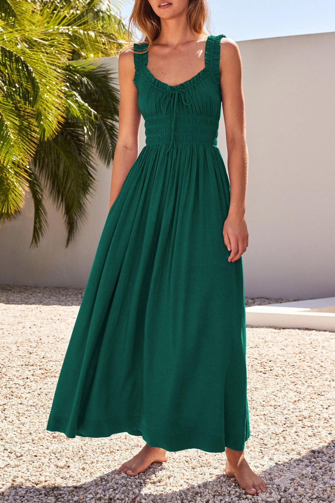Ruffle Strap Smocked Waist Flowy Maxi Dress - Forest