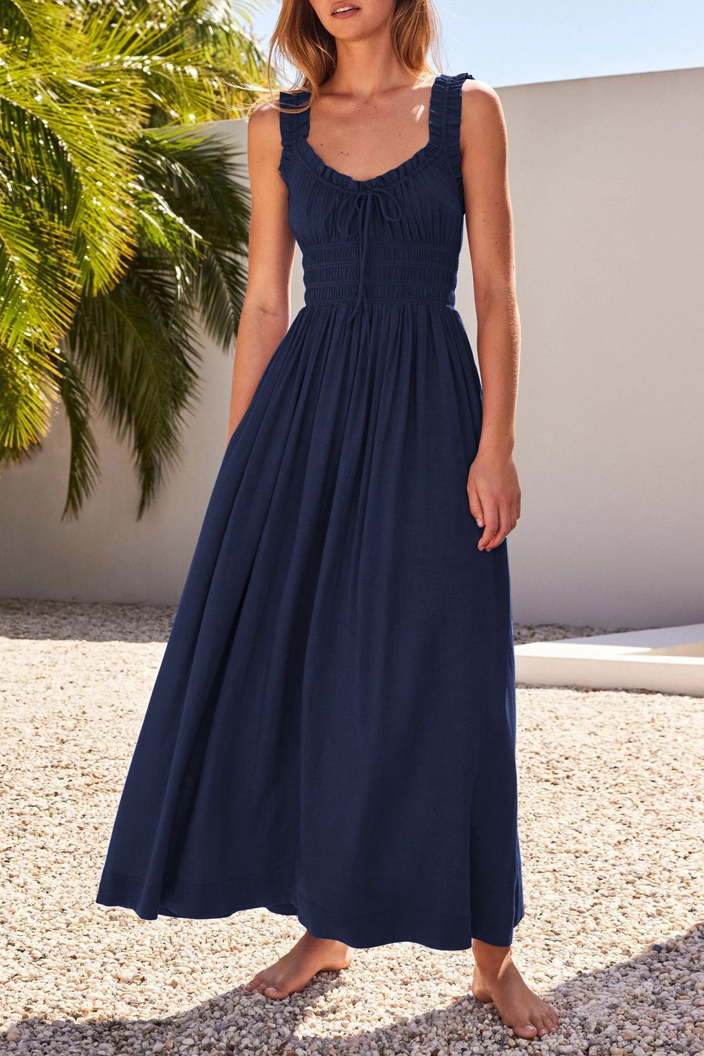 Ruffle Strap Smocked Waist Flowy Maxi Dress - Navy