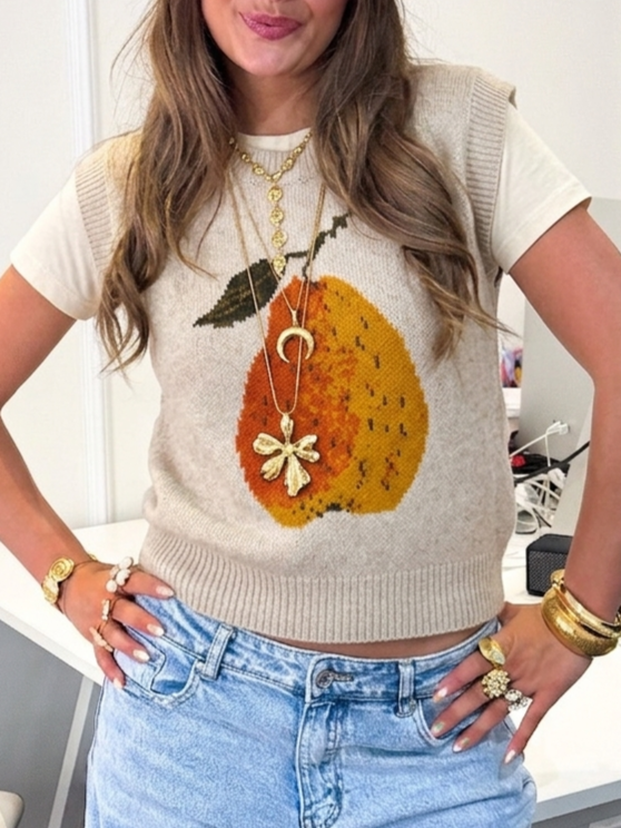 Crewneck Sleeveless Sweater With Knitted Pear - Khaki