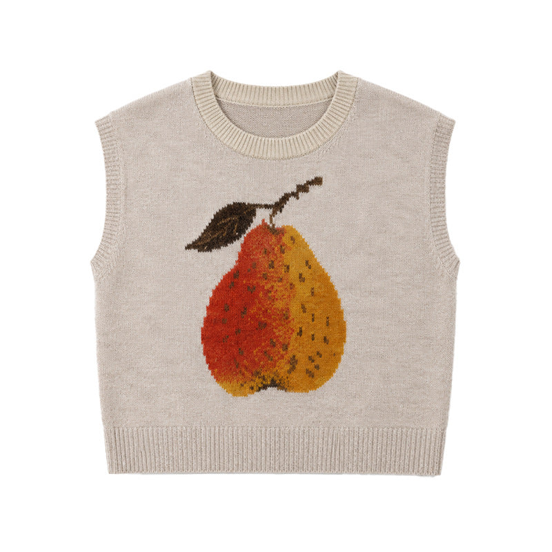 Crewneck Sleeveless Sweater With Knitted Pear - Khaki - 1