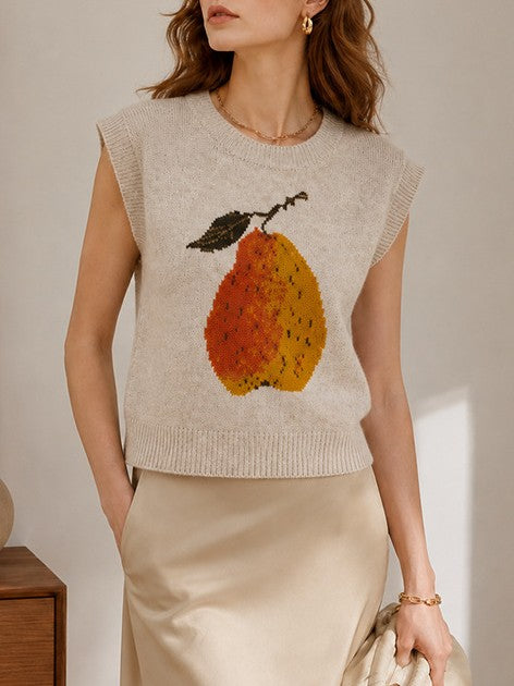 Crewneck Sleeveless Sweater With Knitted Pear - Khaki - 2