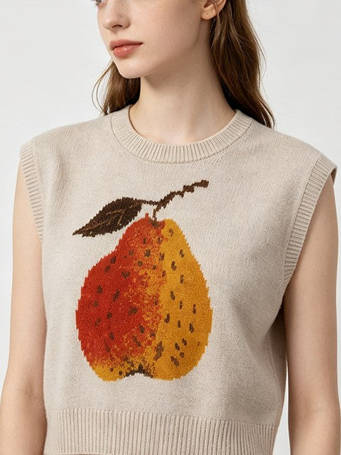 Crewneck Sleeveless Sweater With Knitted Pear - Khaki - 3