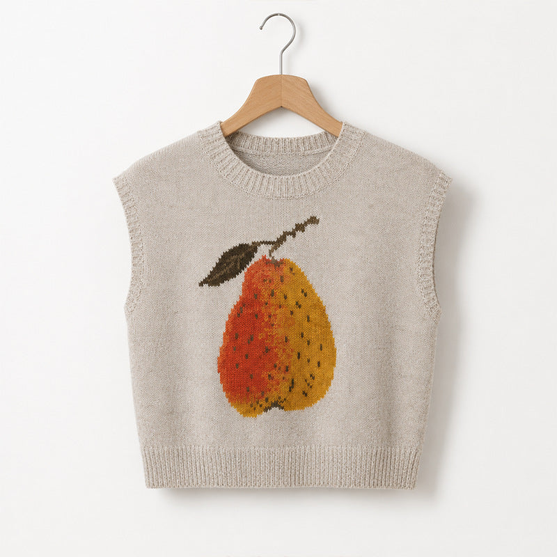 Crewneck Sleeveless Sweater With Knitted Pear - Khaki - 4