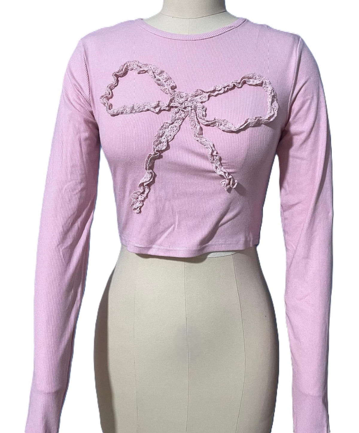 Ruffle Bow Applique Cropped Long Sleeve Top - Pink
