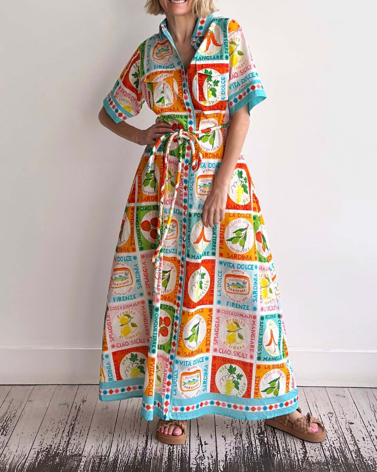 Fruit Print Belted Maxi Shirt Dress - Decor