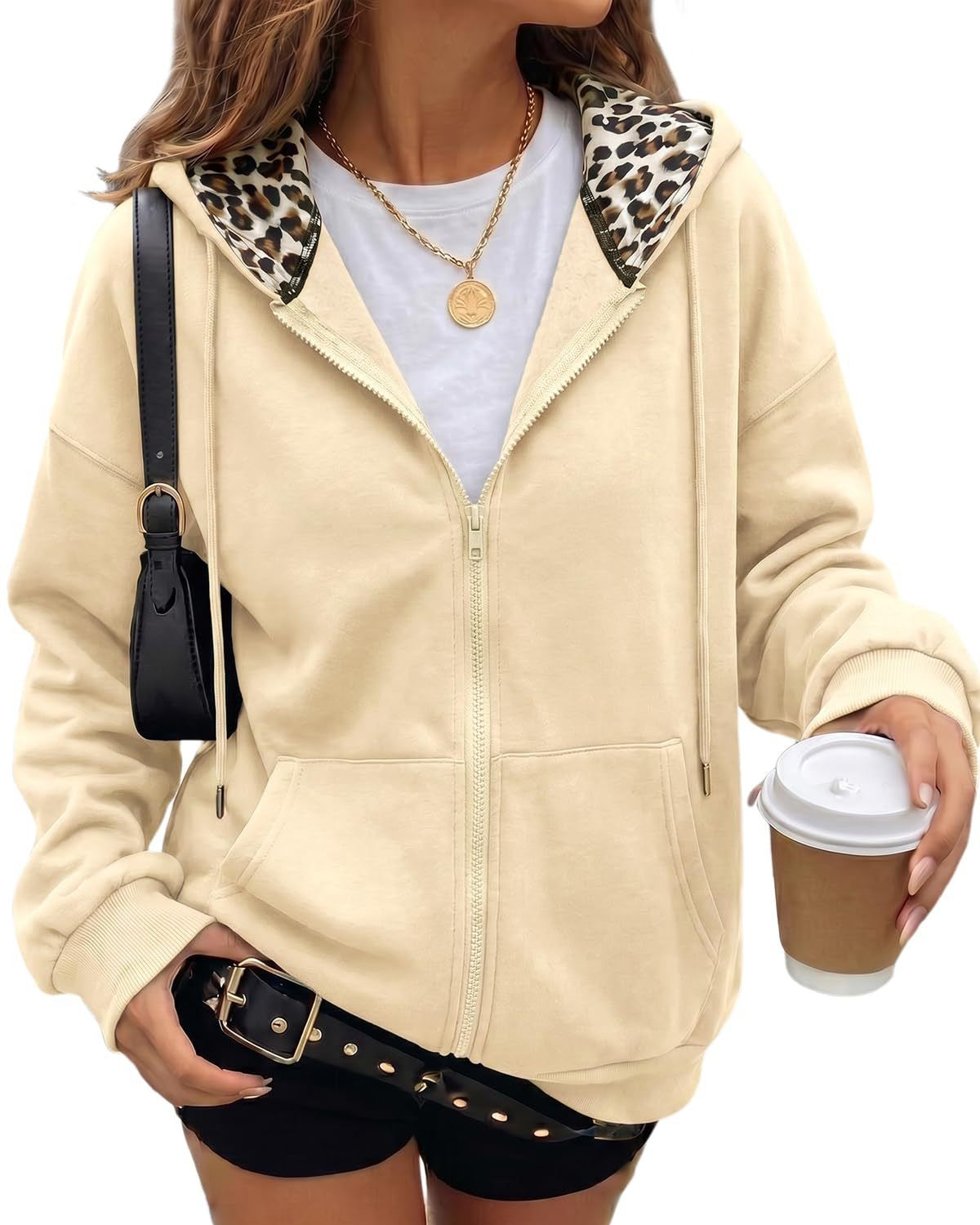 Hooded Zip Front Jacket With Leopard Collar - Apricot