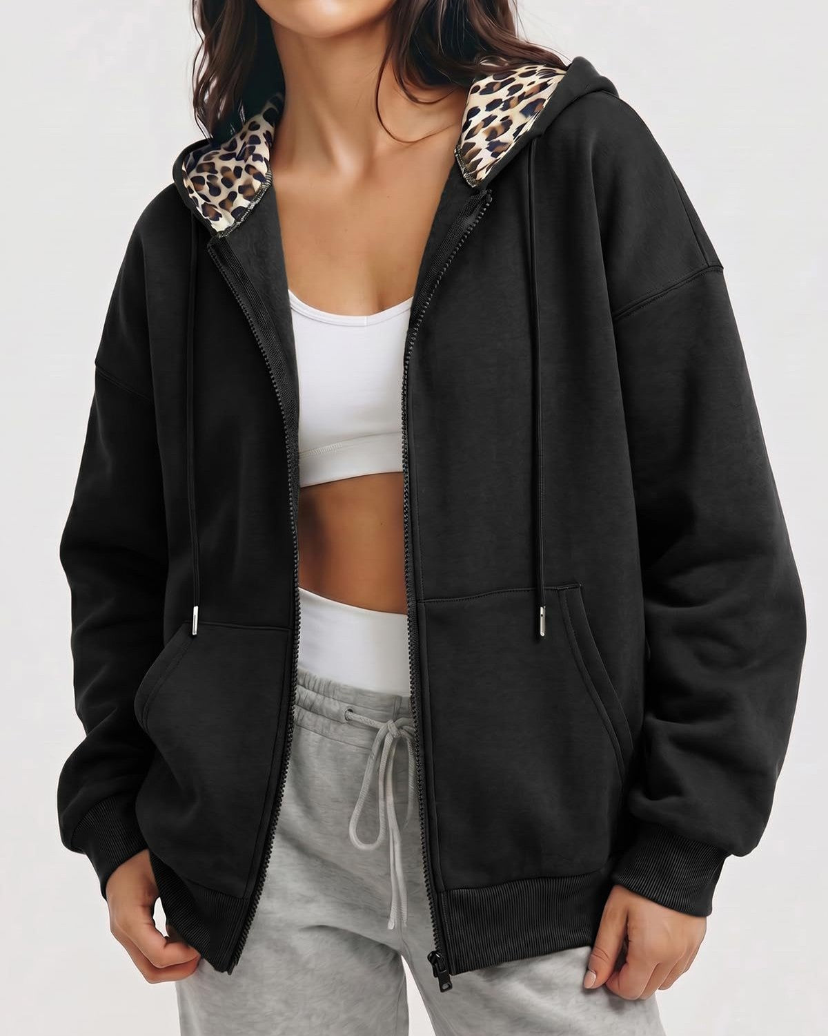 Hooded Zip Front Jacket With Leopard Collar - Black