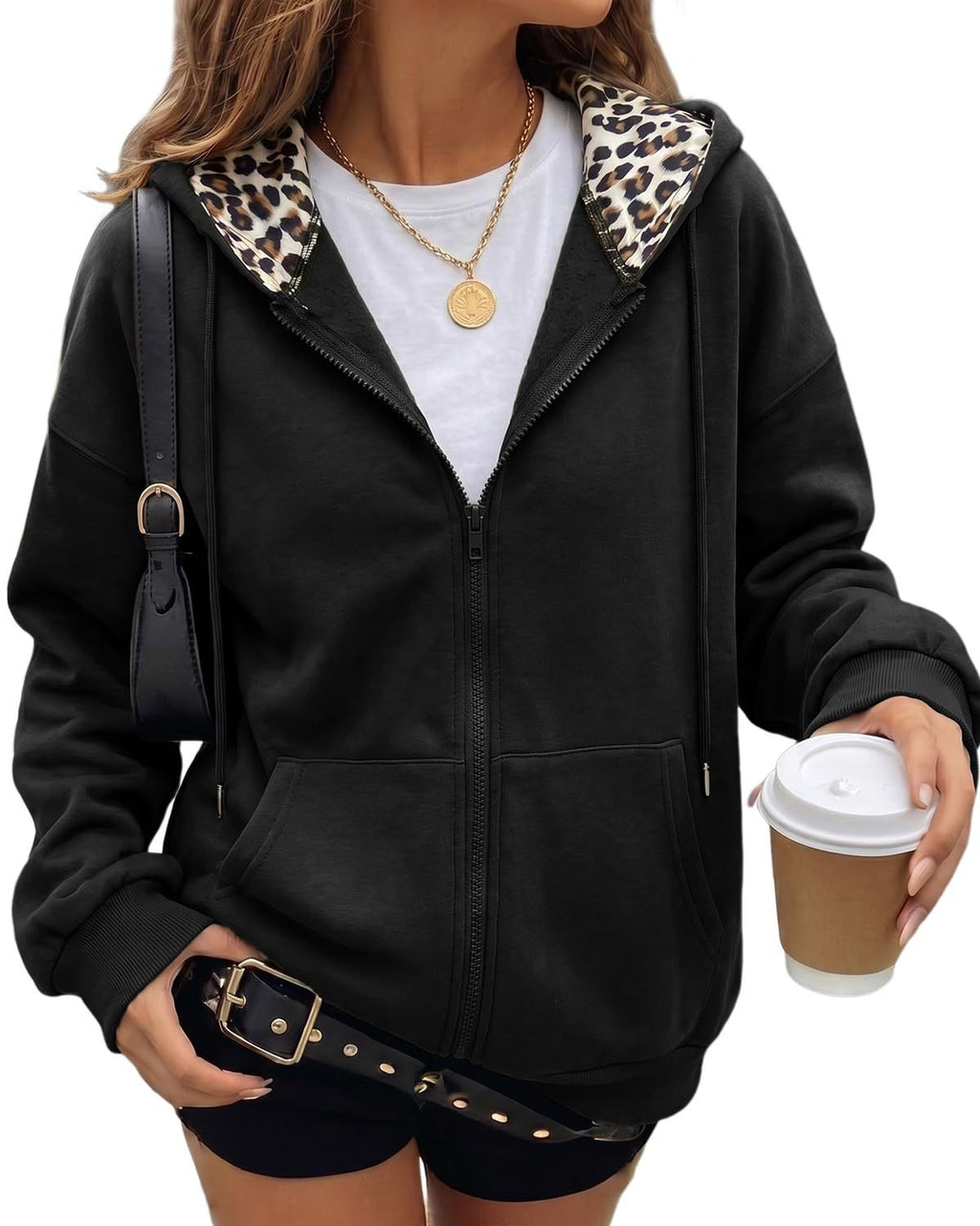 Hooded Zip Front Jacket With Leopard Collar - Black - 1