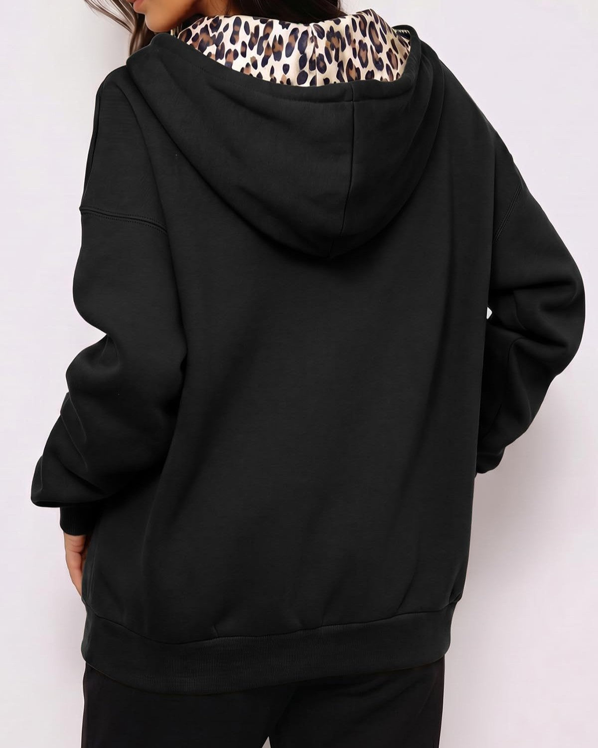 Hooded Zip Front Jacket With Leopard Collar - Black - 3