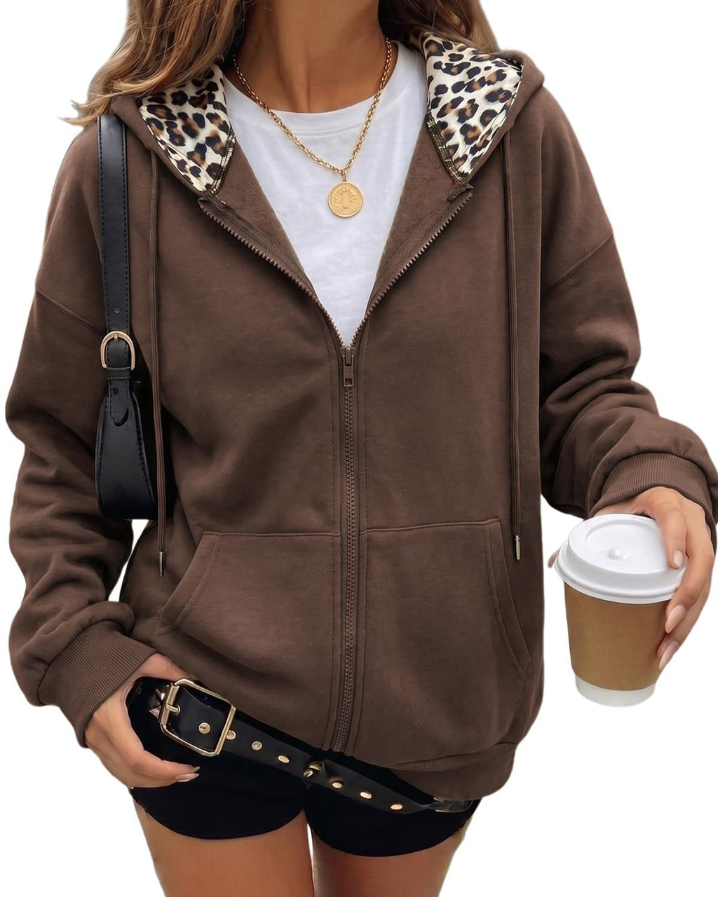 Hooded Zip Front Jacket With Leopard Collar - Coffee