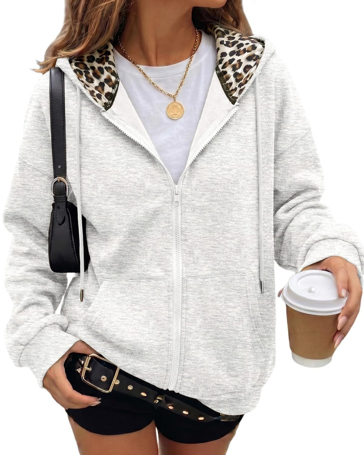 Hooded Zip Front Jacket With Leopard Collar - Light-Gray