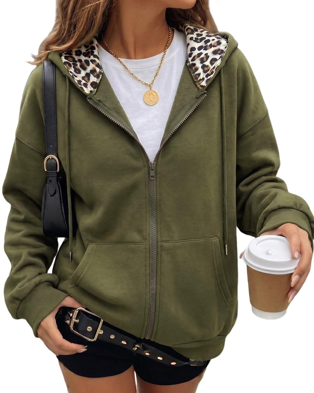 Hooded Zip Front Jacket With Leopard Collar - MGreen
