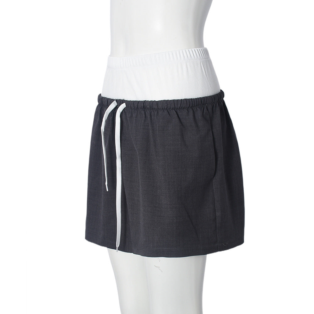 Contrast Waistband Drawstring Flared Mini Skirt - Grey