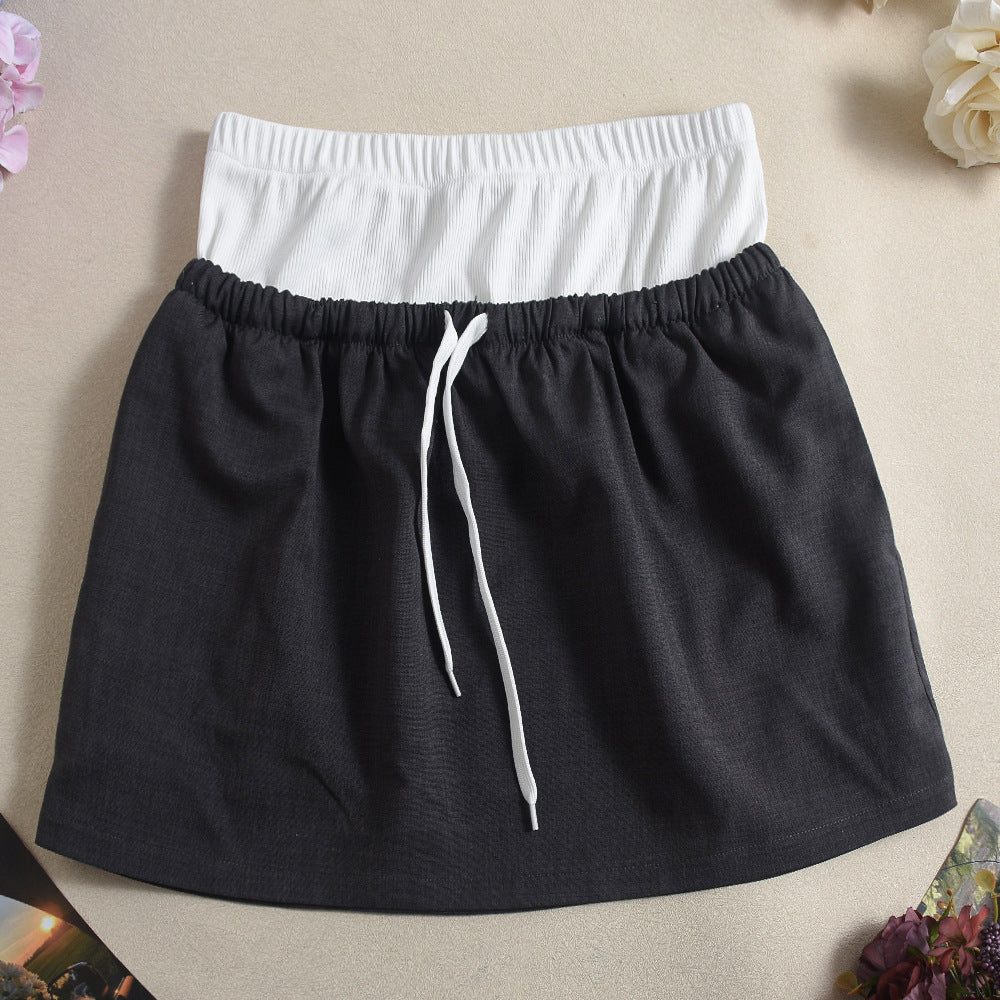 Contrast Waistband Drawstring Flared Mini Skirt - Grey - 1