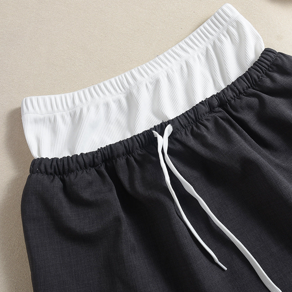 Contrast Waistband Drawstring Flared Mini Skirt - Grey - 2