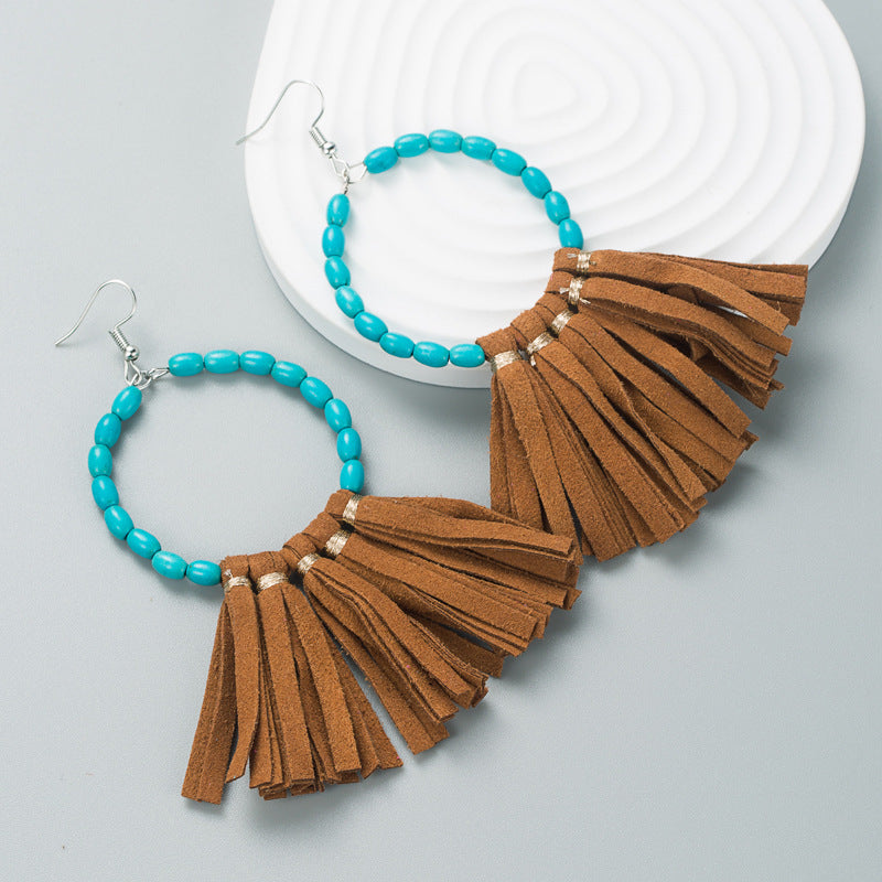 Turquoise Beaded Hoop Earrings with Suede Fringe - Coffee