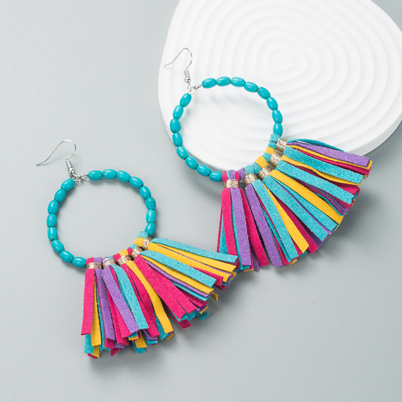 Turquoise Beaded Hoop Earrings with Suede Fringe - Colorful
