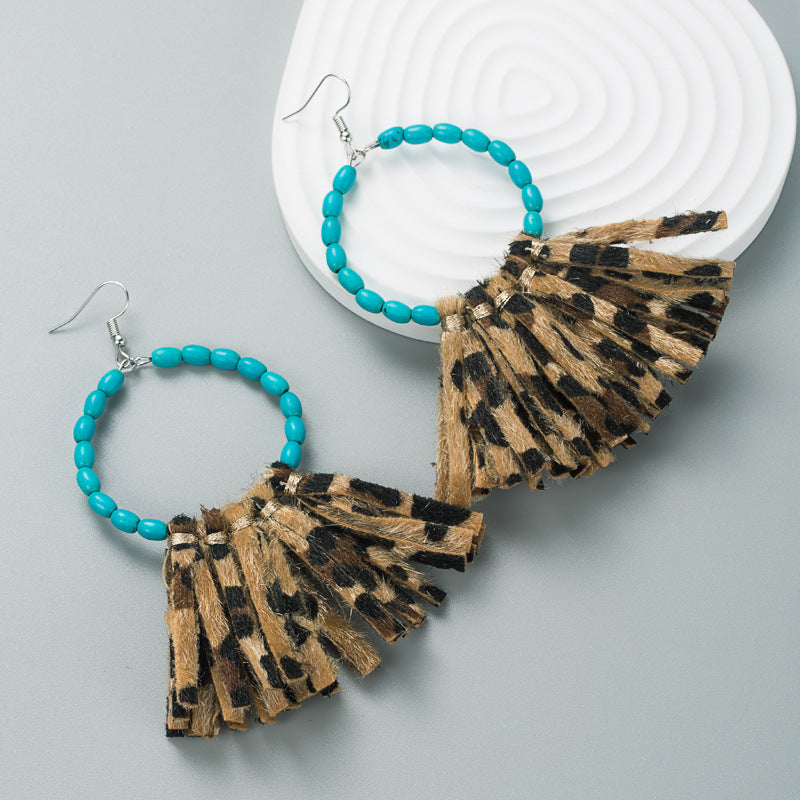 Turquoise Beaded Hoop Earrings with Suede Fringe - Leopard