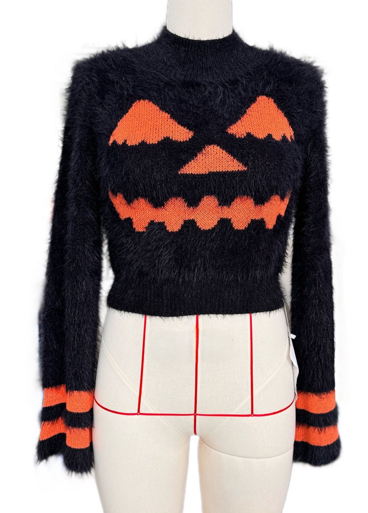 Fuzzy Pumpkin Face Cropped Bell Sleeve Sweater - Black - 1