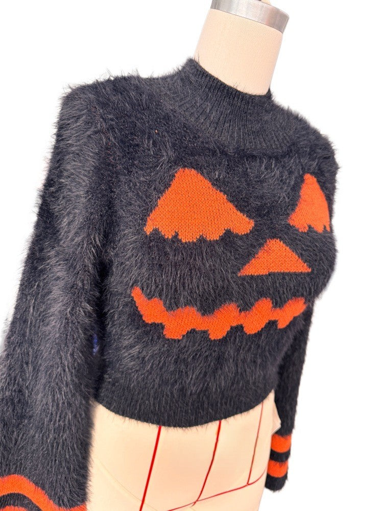 Fuzzy Pumpkin Face Cropped Bell Sleeve Sweater - Black - 2