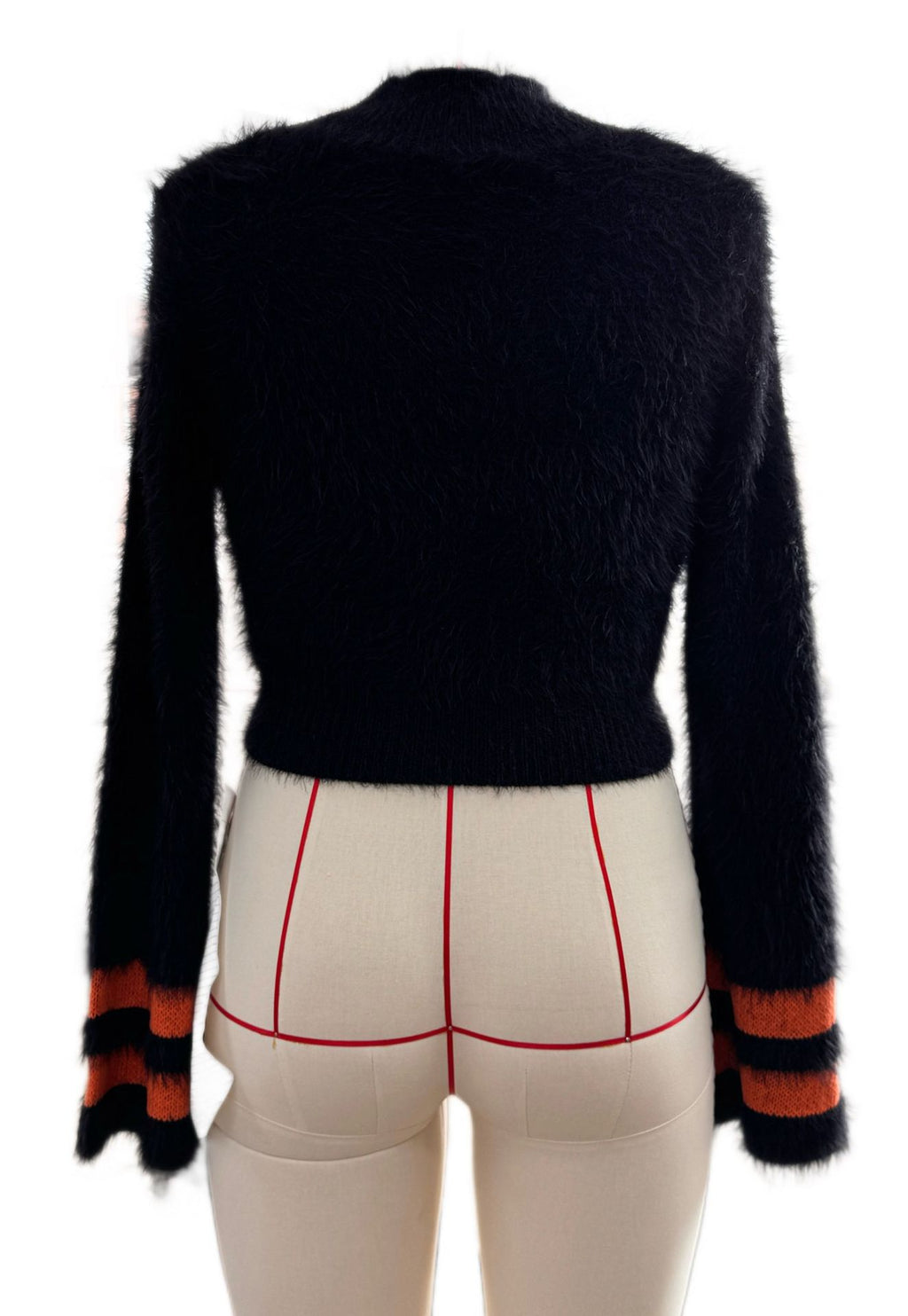 Fuzzy Pumpkin Face Cropped Bell Sleeve Sweater - Black - 3