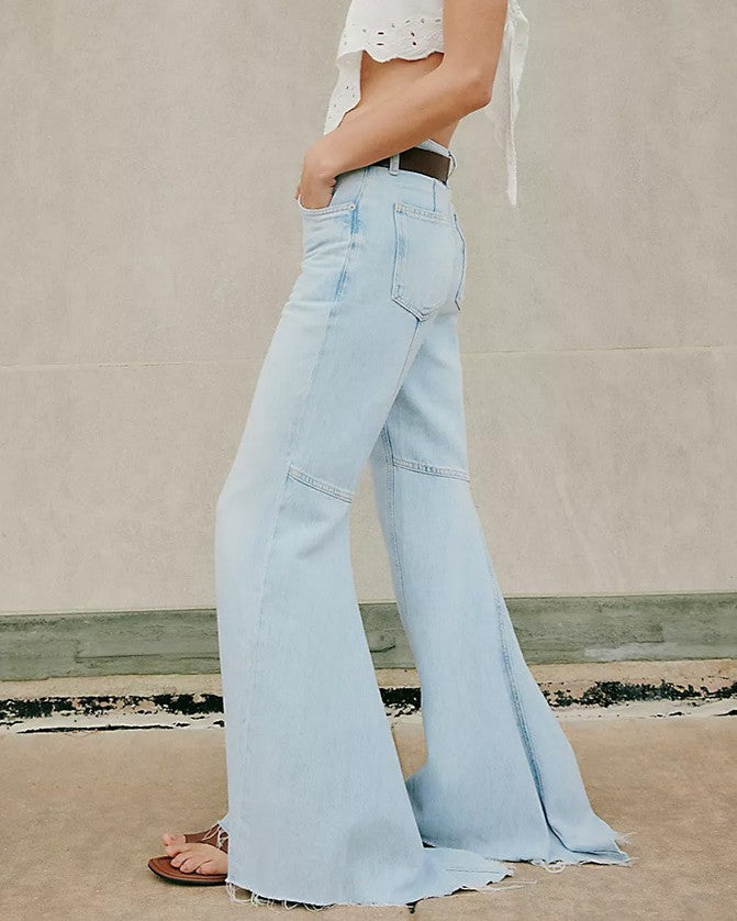 Retro Bell Bottom Jeans With Raw Hem - Light-Blue