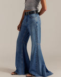 Retro Bell Bottom Jeans With Raw Hem - TBlue