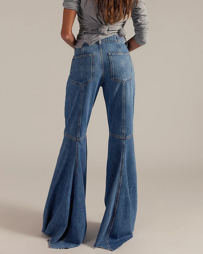 Retro Bell Bottom Jeans With Raw Hem - TBlue - 2